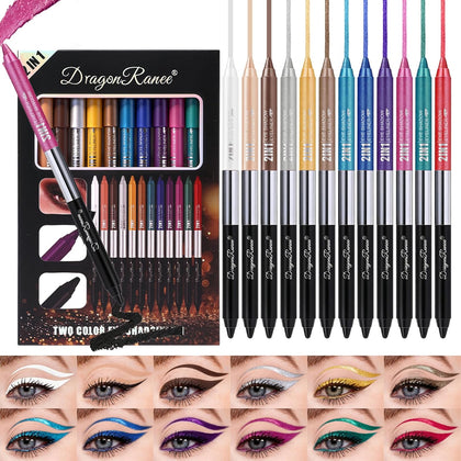 12 Color Double-headed Gel Eyeliner Pen Set,Pearl & Matte Eye Shadow Pencil