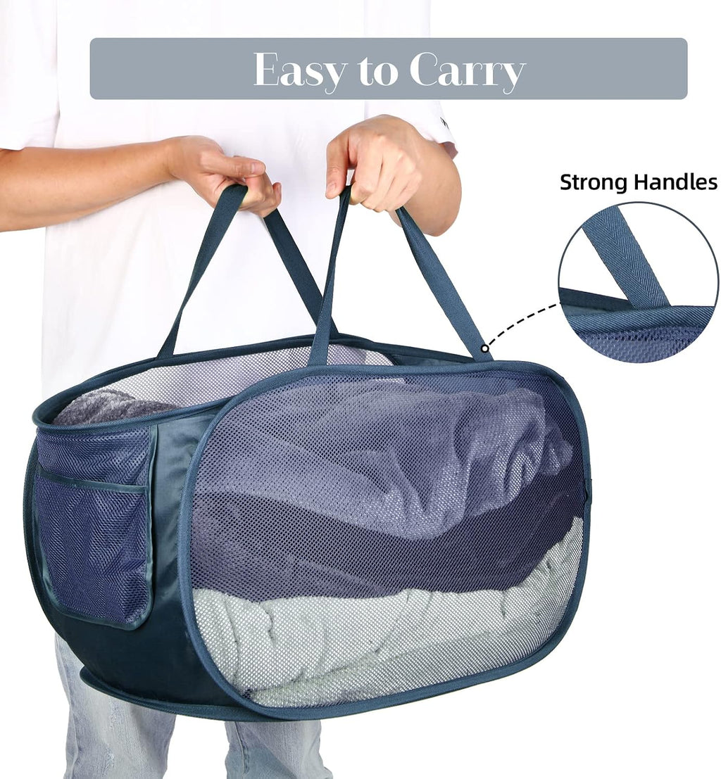 Durable Collapsible Laundry Baskets, Mesh Pop Up Laundry Hamper with Side Pocket, Foldable Clothes Storage Hamper