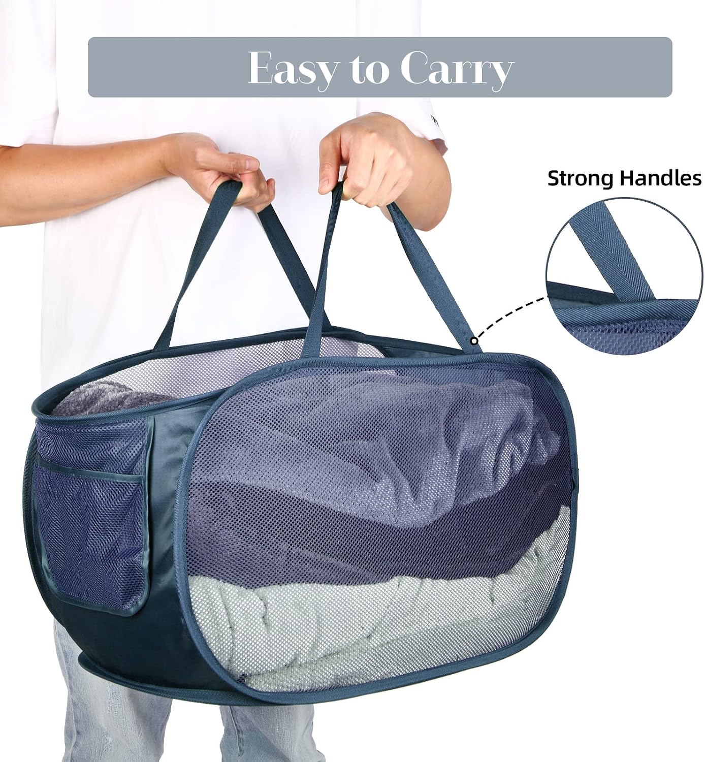 Durable Collapsible Laundry Baskets, Mesh Pop Up Laundry Hamper with Side Pocket, Foldable Clothes Storage Hamper