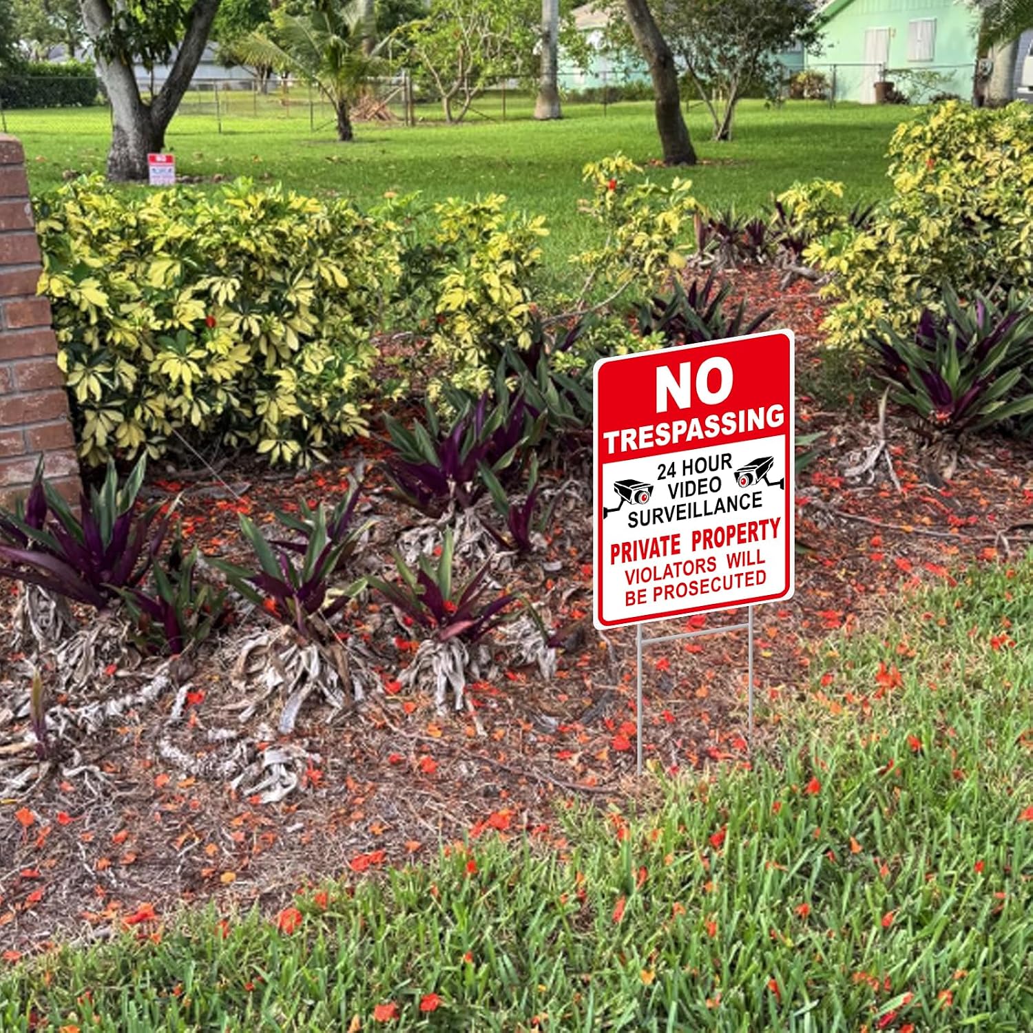 No Trespassing Signs Private Property, 2Pcs 13"x10" 2-Sided, H-Stake | UV HD-printed, weatherproof. This No