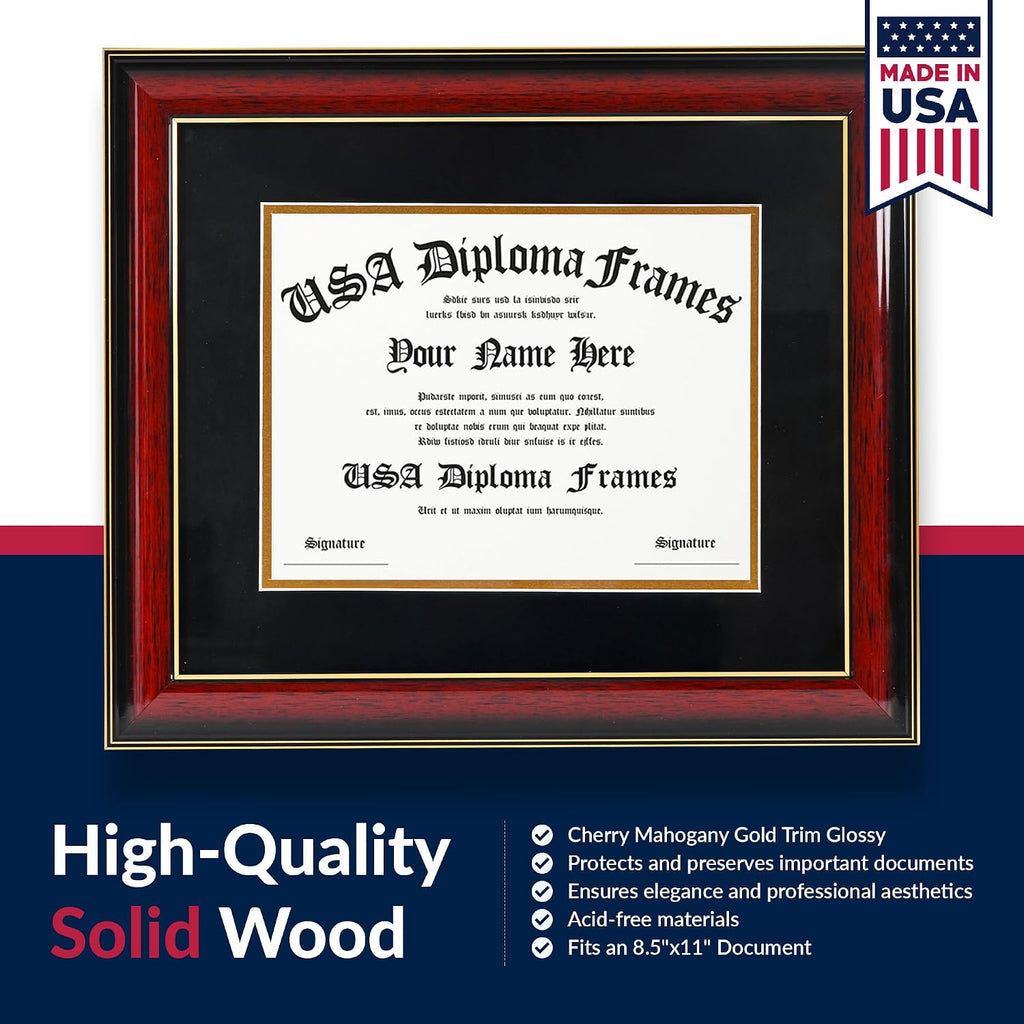 8.5x11 Diploma Frame with Mat. Certificate Holder for University, College, or Technical School Degrees – 15.5”x18”