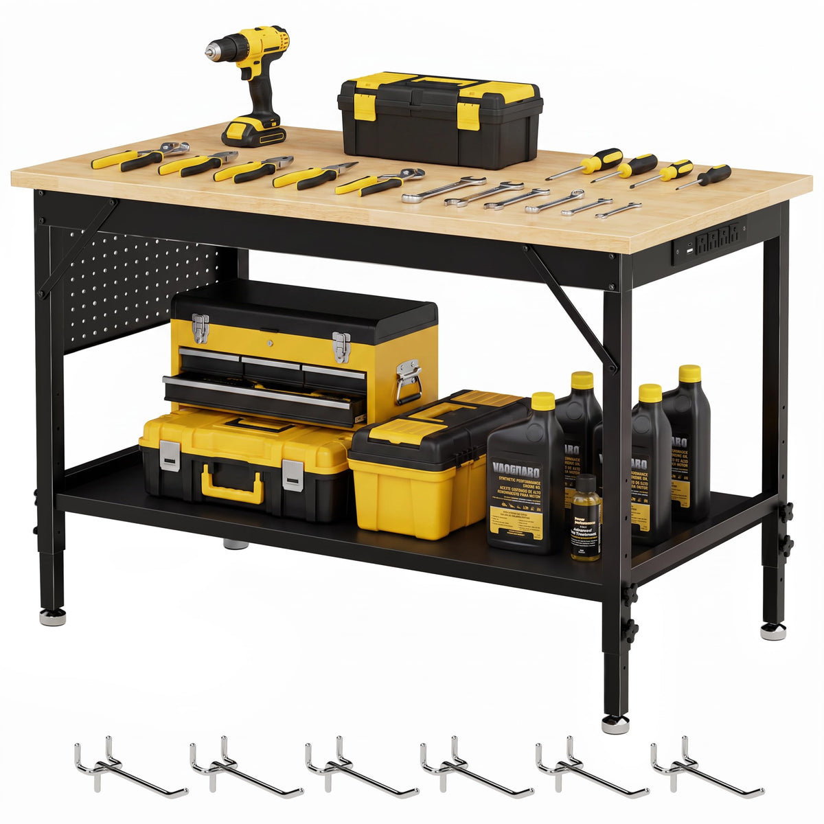 Adjustable Work Bench with Power Outlets, Heavy-Dute Work Table for Garage