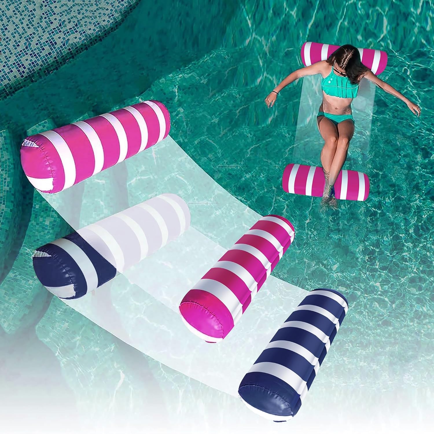 2-Pack Swimming Pool Float Hammock, Multi-Purpose Inflatable Hammock Pool Hammock (Saddle, Lounge Chair, Hammock