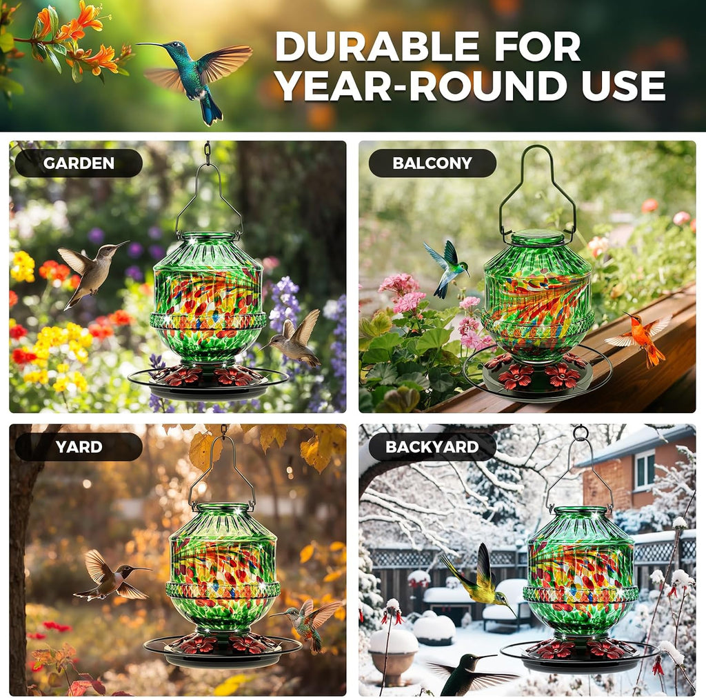 Hand Blown Glass Hummingbird Feeders for Outdoors, 25 Ounces Wild Bird Nectar Feeder with Perch & 5 Flower Feeding