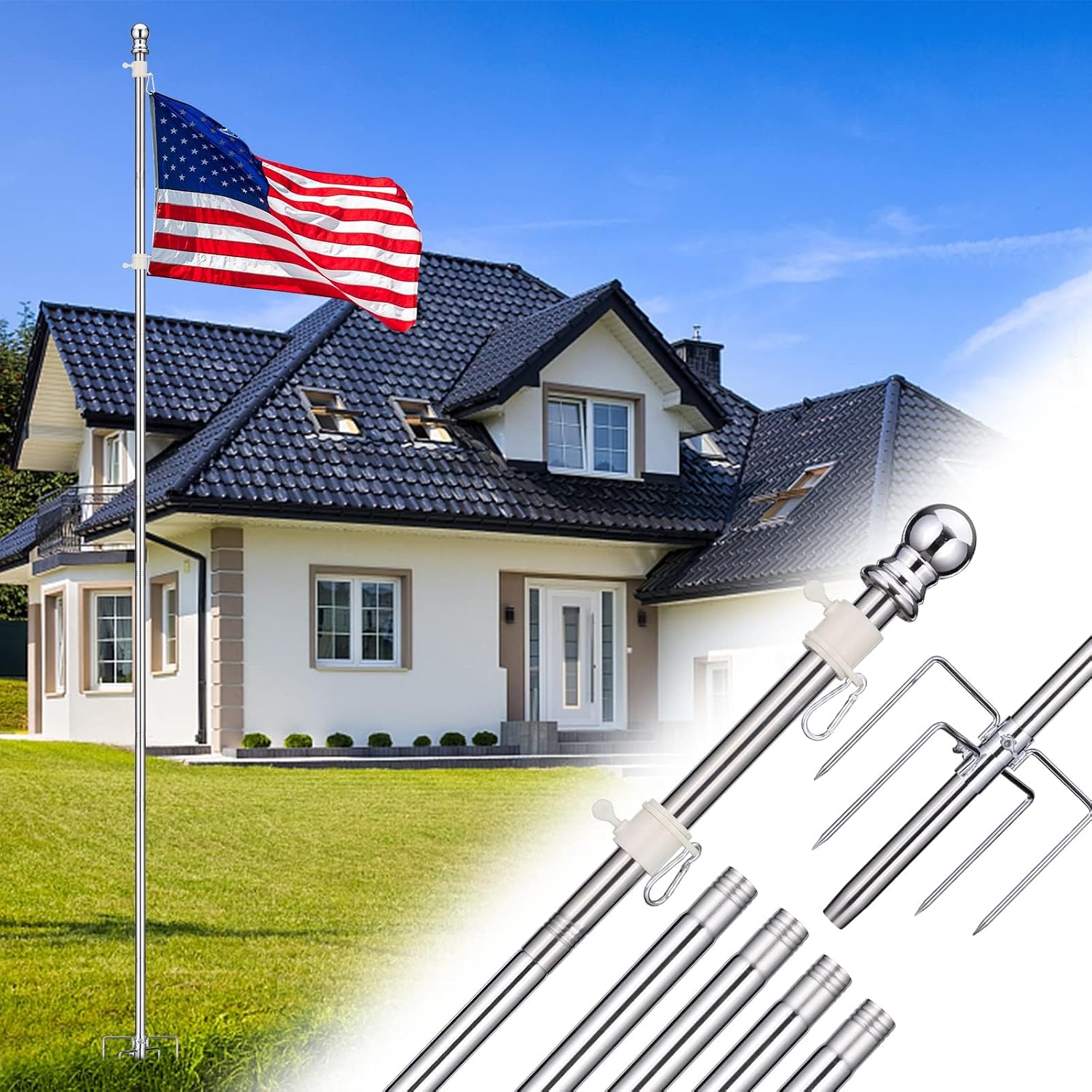Flag Pole for Outside House in Ground - 9 ft Adjustable,5 Pronges Stake Base - Heavy Duty Inground Flag Pole Kit for