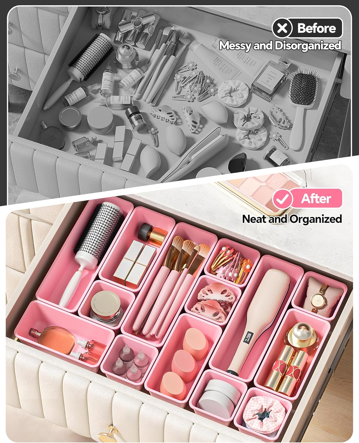 13 Pack Plastic Drawer Organizers Set, 3 Sizes Desk Drawer Organizer Trays for Vanity and Makeup Organizer