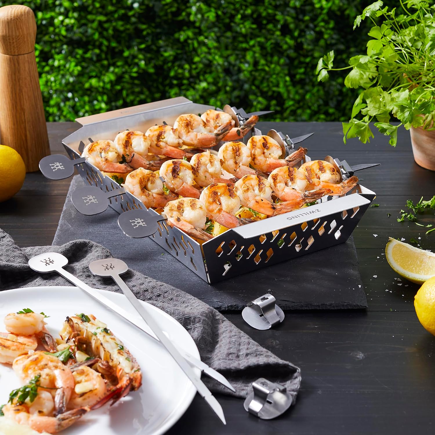 BBQ+ Kabob Skewer and Grill Basket Set, 6-Piece Stainless Steel Grill Kit with 5 Skewers and Medium Basket