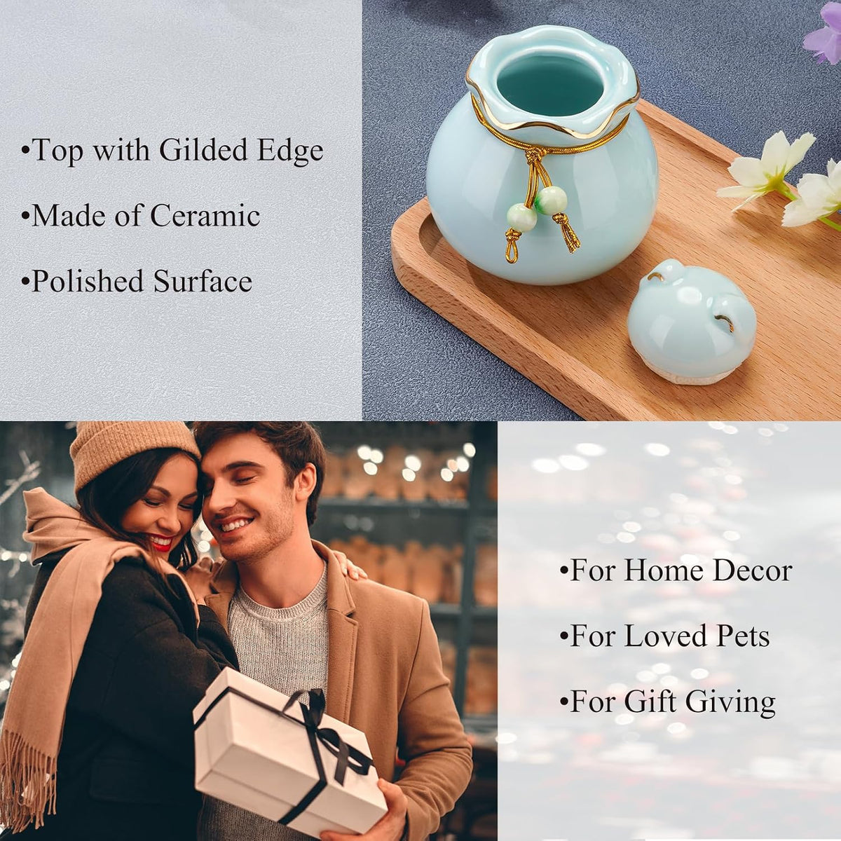 Pet Memorial Urn for Cat or Dog Ashes - 3.54"x3.15" Elegant Ceramic Keepsake with Pet-Shaped Lid & Gold Trim, Small