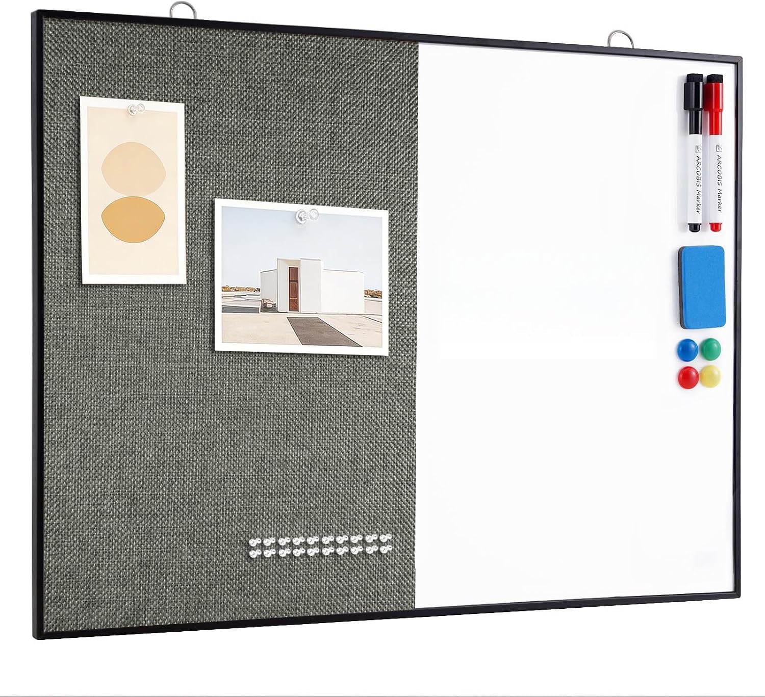 Cork Board White Board Combo, 24"X18" Linen Bulletin Board Whiteboard for Wall, Double-Sided Magnetic Dry Erase