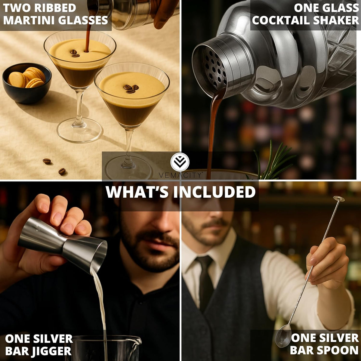Silver Cocktail Shaker Set + 2 Ribbed Martini Glasses & Bar Tools