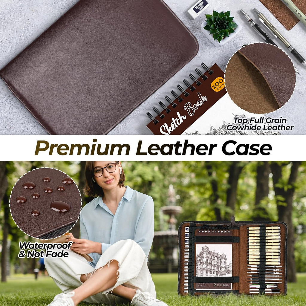 58 PCS Art Drawing Supplies Kit in Leather Case, Art Mechanical Pencil Set with 6 Metal Drafting Pencil 0.5 & 0.7 &