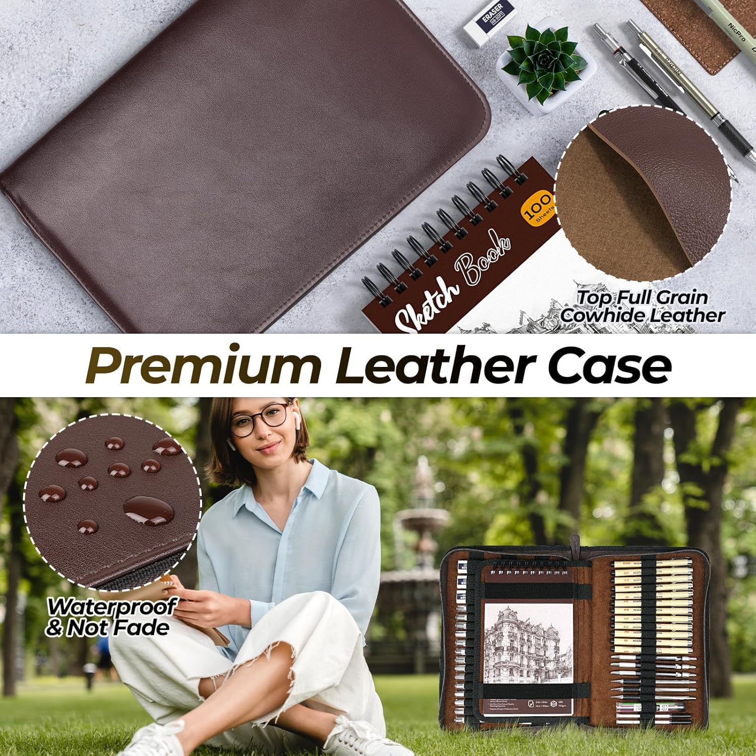 58 PCS Art Drawing Supplies Kit in Leather Case, Art Mechanical Pencil Set with 6 Metal Drafting Pencil 0.5 & 0.7 &