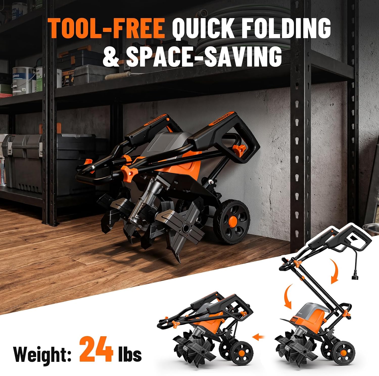 18-Inch Electric Garden Tiller & Cultivator, 15-Amp Corded Rototiller with Up to 9-Inch Tilling Depth, Foldable