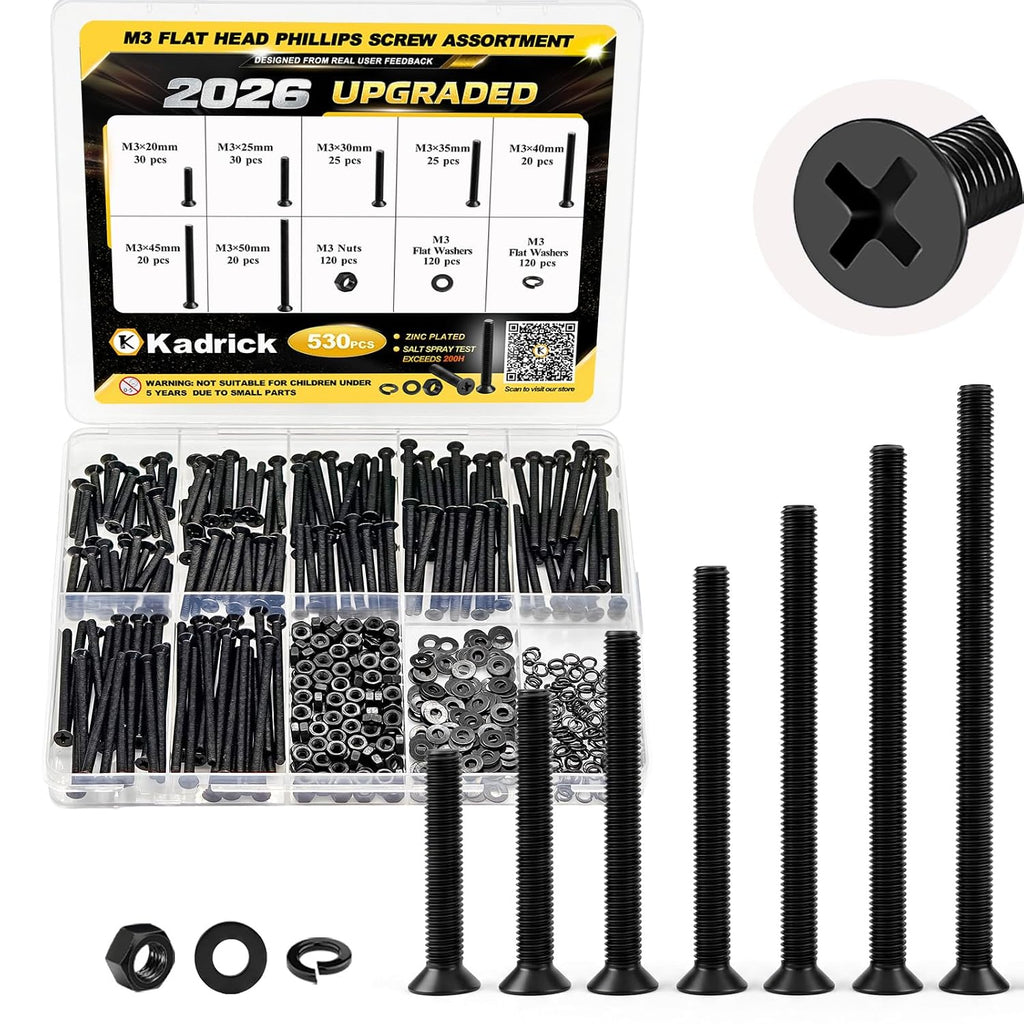 KADRICK 530PCS M3 Long Countersunk Screws Kit, M3-0.5MM Flat Head Screws