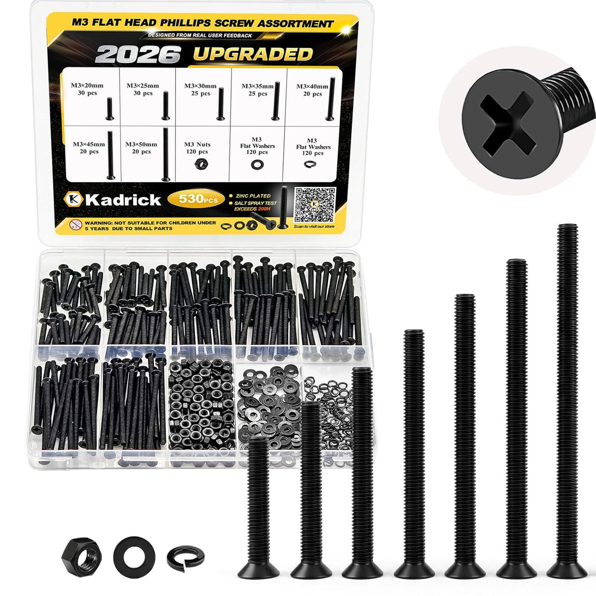 KADRICK 530PCS M3 Long Countersunk Screws Kit, M3-0.5MM Flat Head Screws