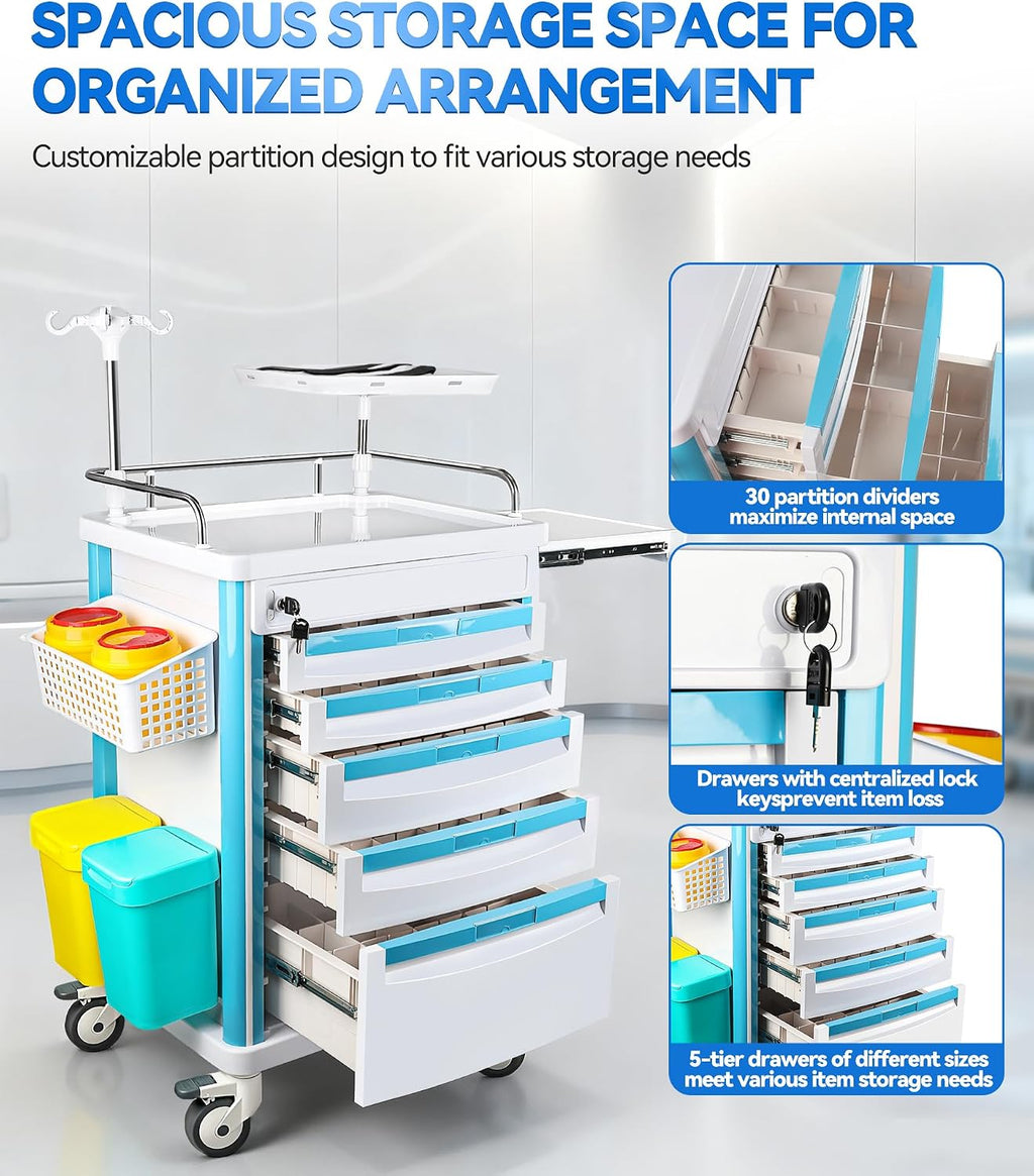 Medical Rolling Storage Crash Cart with Wheels & Drawers, Hospital Mobile Ultrasound cart with 5 Drawers & Power