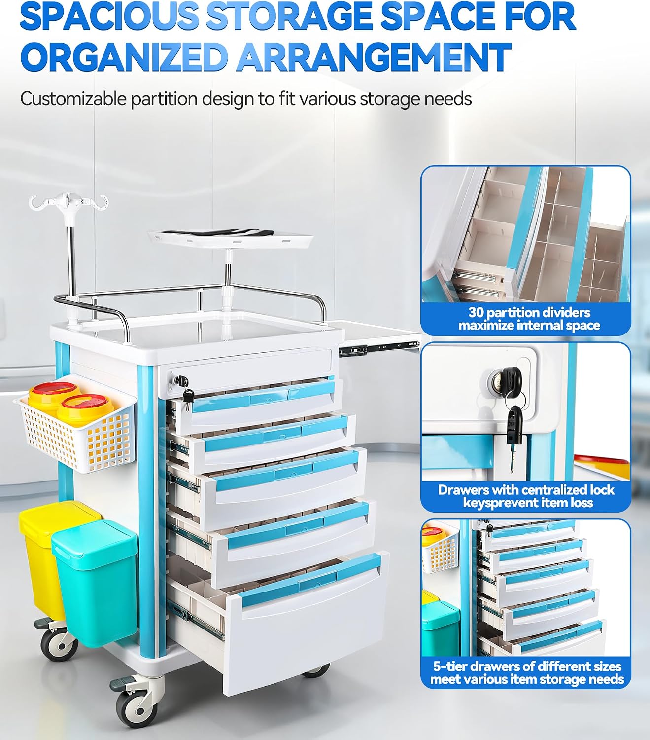 Medical Rolling Storage Crash Cart with Wheels & Drawers, Hospital Mobile Ultrasound cart with 5 Drawers & Power