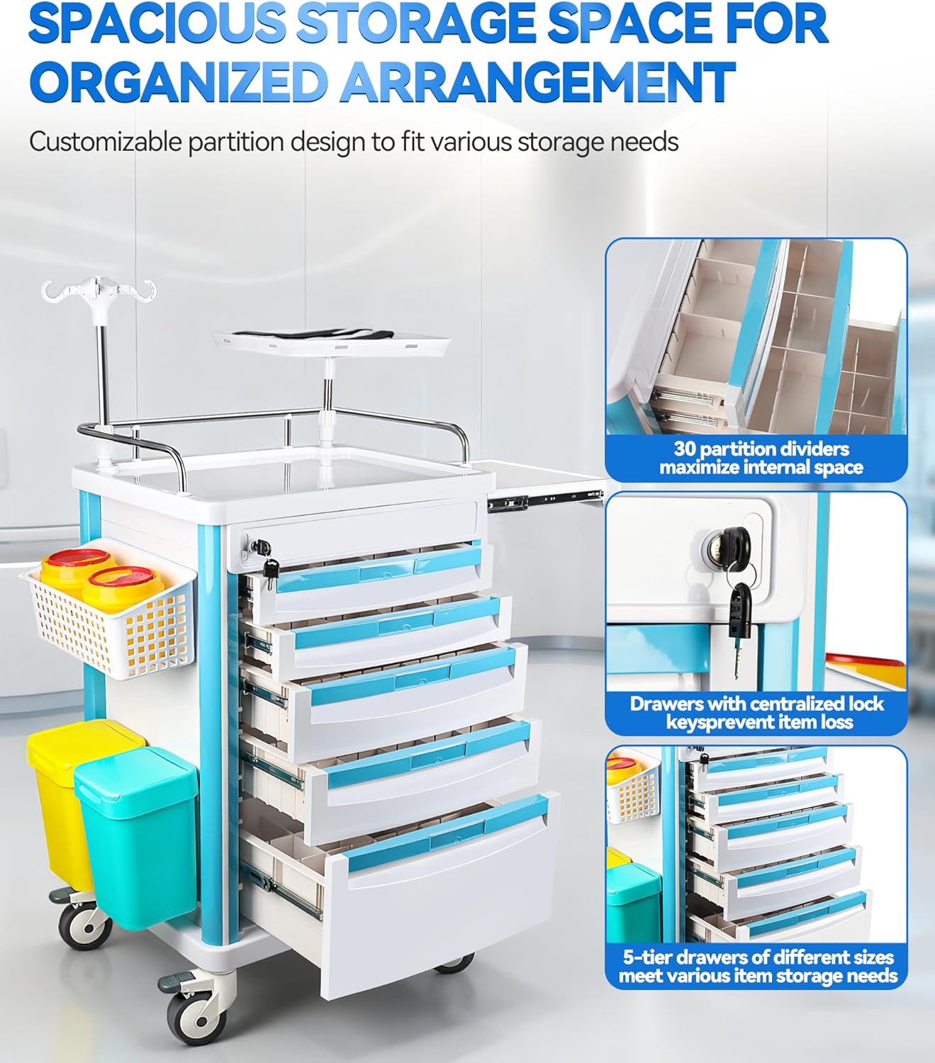 Medical Rolling Storage Crash Cart with Wheels & Drawers, Mobile Trolley Carts, Ultrasound Nursing Emergency Cart