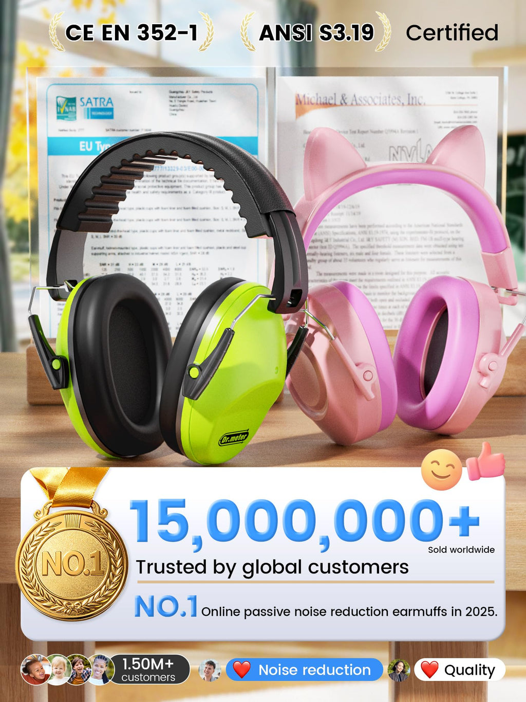 EM100 Noise Cancelling Headphones for Kids Adults, Ear Muffs