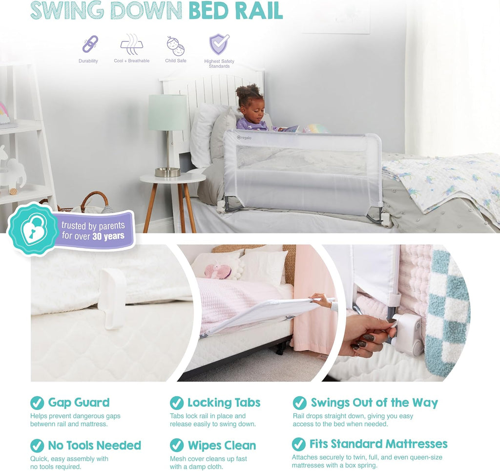Swing Down Toddler Bed Rail Guard, NO Tools Required, Bed Rail for Toddlers with Patented Gap Guard, Toddler Bed