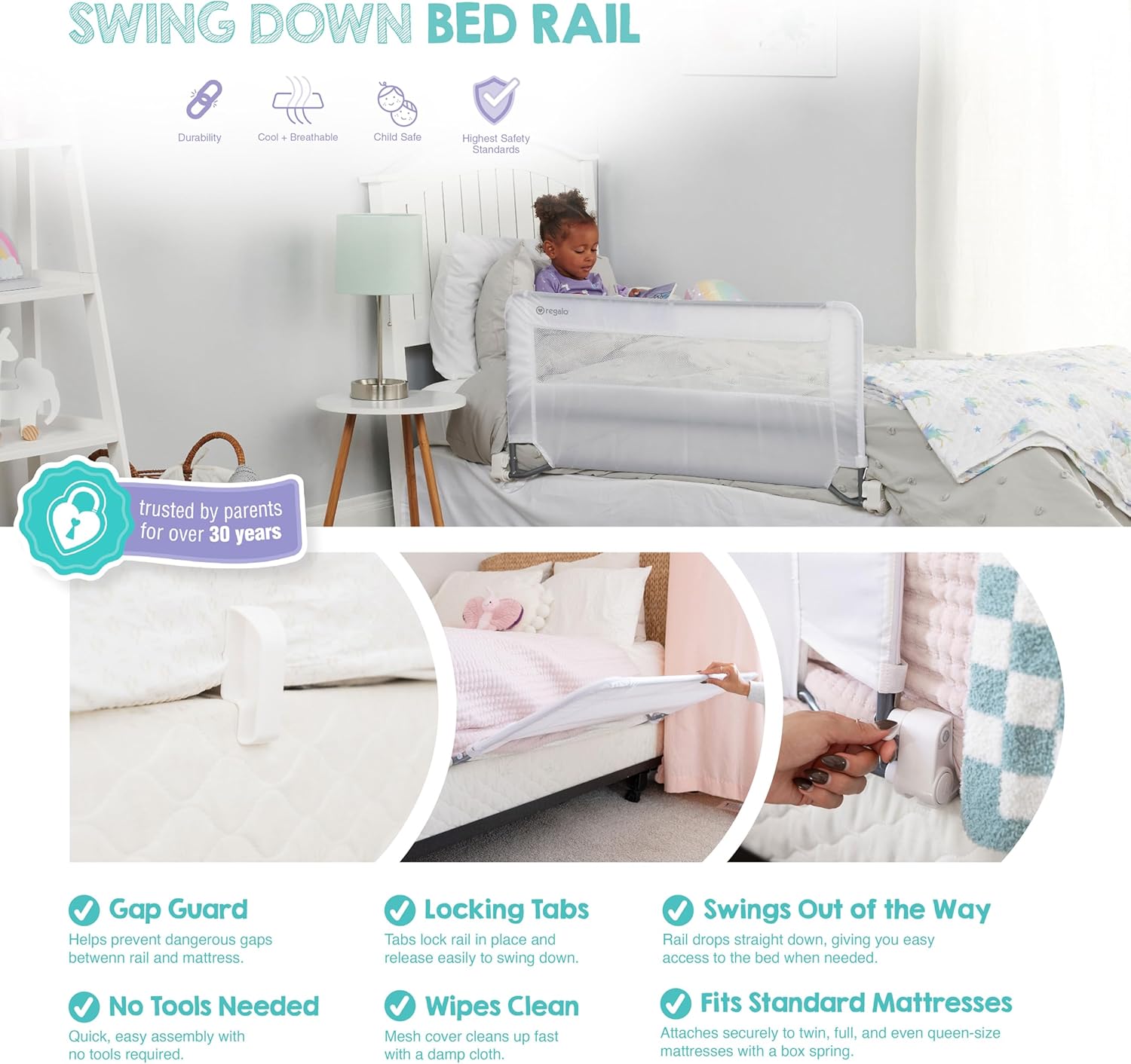 Swing Down Toddler Bed Rail Guard, NO Tools Required, Bed Rail for Toddlers with Patented Gap Guard, Toddler Bed