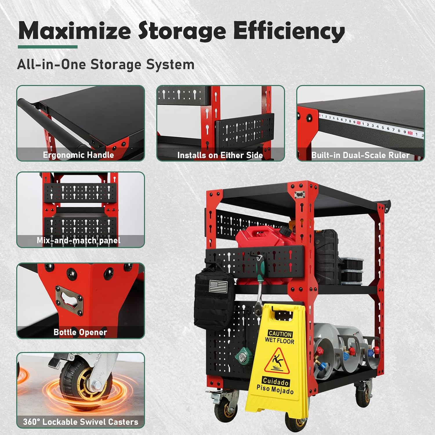 3-Tier Rolling Tool Cart on Wheels, Utility Tool Storage Cart | Heavy Duty 1250 lbs, With Pegboard