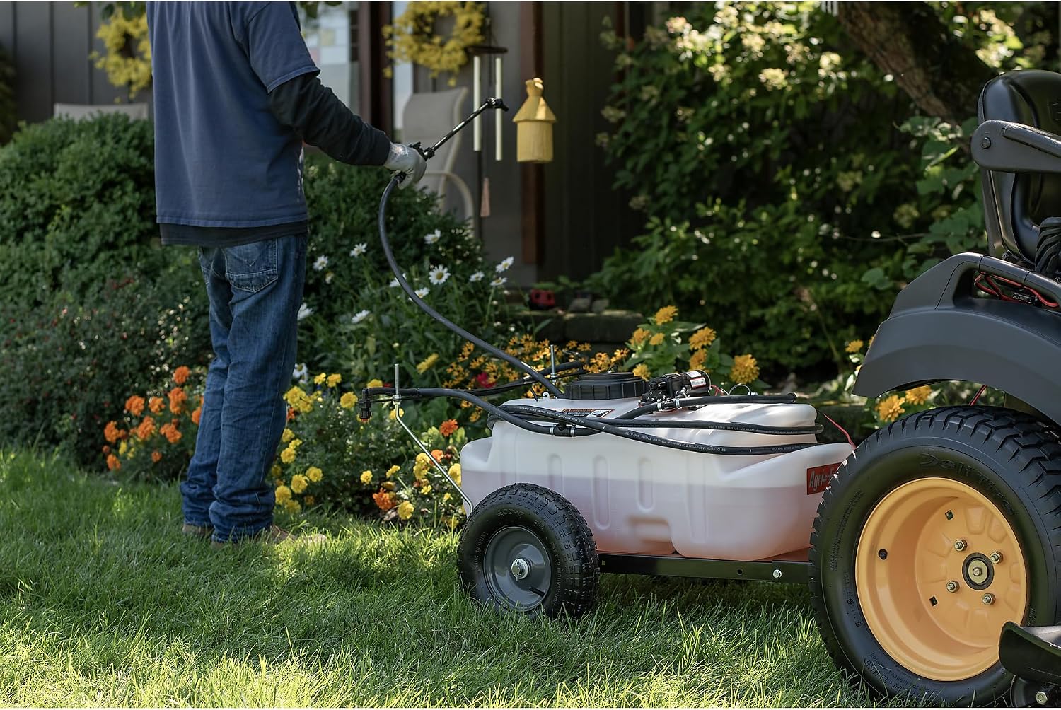 Tow-Behind Lawn Sprayer with Boom and Spray Wand, 15 Gallon Capacity, 1.6 GPM 100 PSI Pump