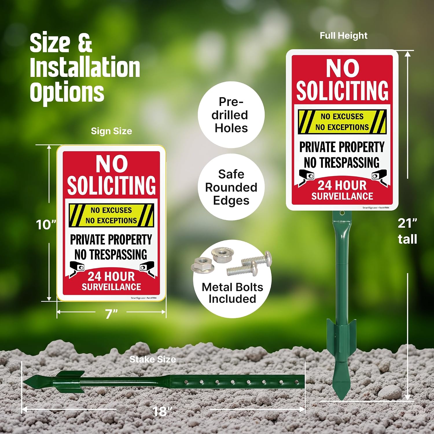 10" x 7" No Soliciting No Excuses - Private Property, No Trespassing, 24 Hour Surveillance Yard Sign | 21” Tall Stake