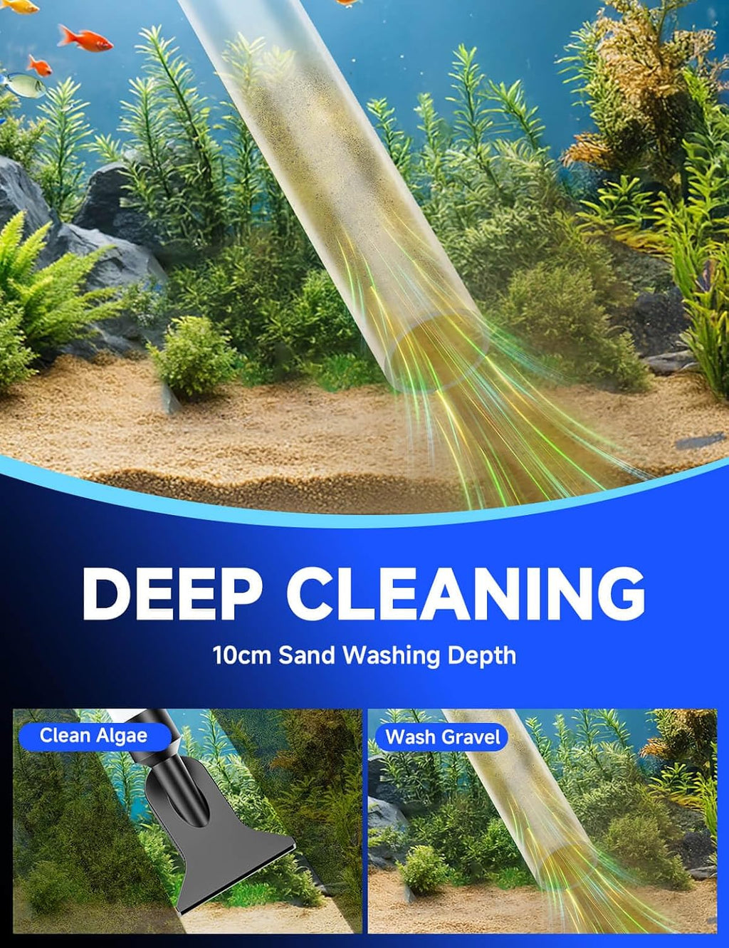 A Electric Aquarium Gravel Cleaner Kit with High Pressure Strong Suction, 6-in-1 Multifunction Fish Tank Vacuum