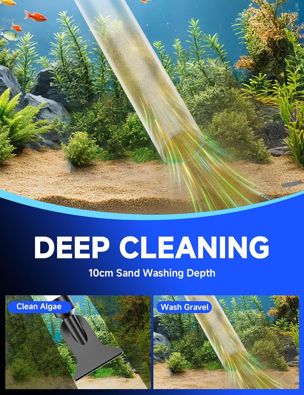 A Electric Aquarium Gravel Cleaner Kit with High Pressure Strong Suction, 6-in-1 Multifunction Fish Tank Vacuum