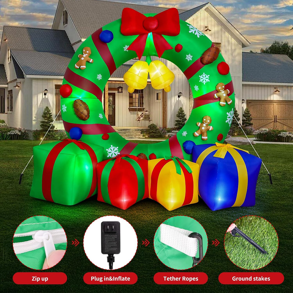 10FT Giant Inflatable Christmas Wreath Outdoor Decor Blow Up Xmas Wreath with Gift Boxes Bells LED Lights Holiday