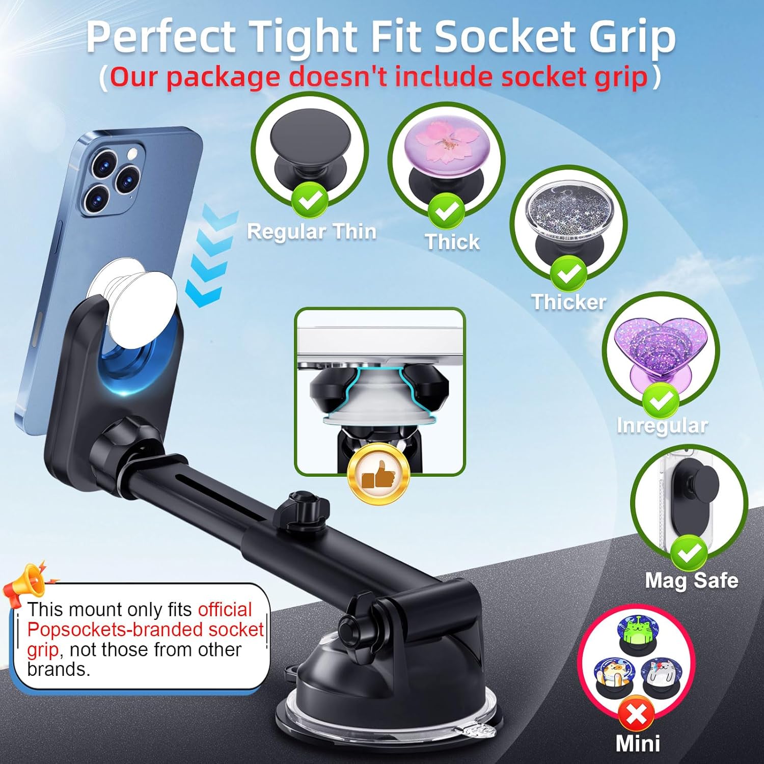 Car Phone Mount for Pop Socket: Suction Cup Cell Phone Holders for Automobile Dashboard Windshield Window - Dash