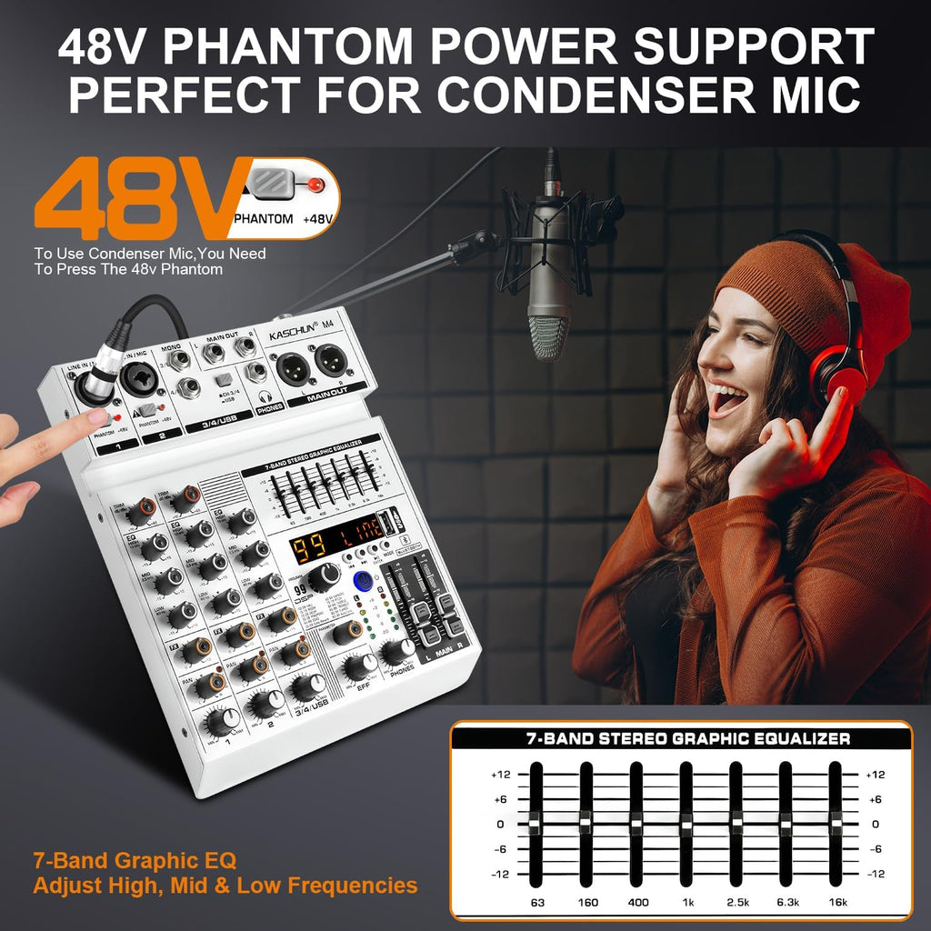 4-Channel Bluetooth Audio Mixer,Recording PC Mixer with XLR USB Interface | Mini Mixer Board with 99 DSP