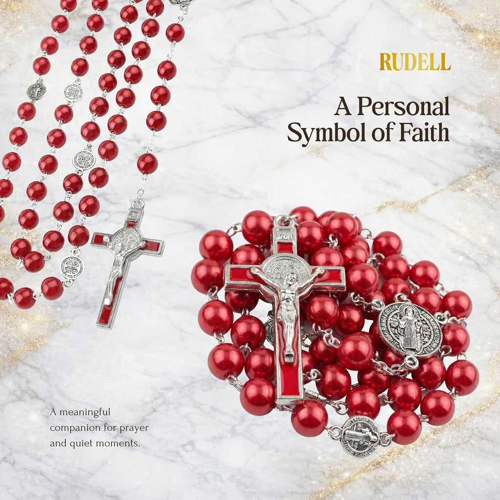 Rosary Beads Catholic for Women - Rosary Necklace for Women with Pearl Beads - Medal Cross Saint Benedict Rosary for