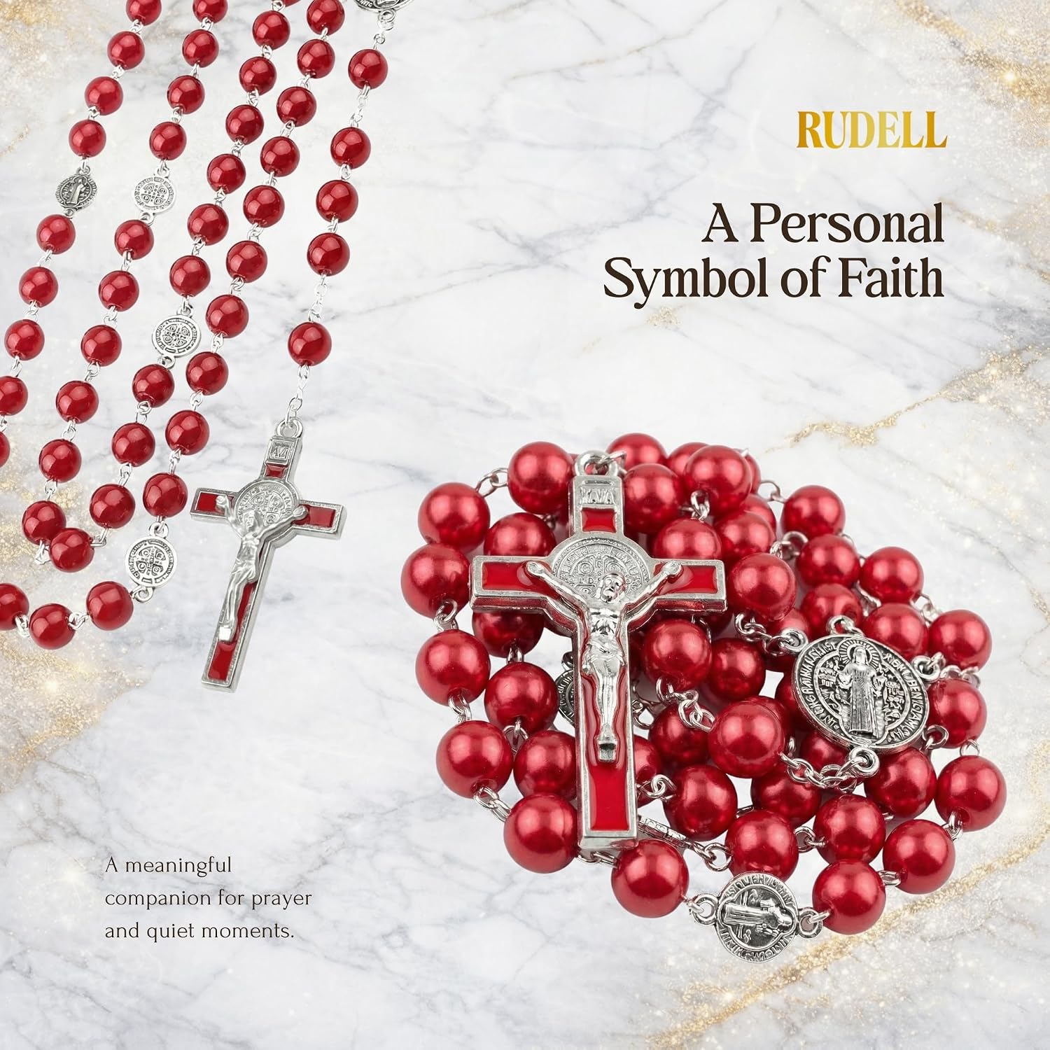 Rosary Beads Catholic for Women - Rosary Necklace for Women with Pearl Beads - Medal Cross Saint Benedict Rosary for