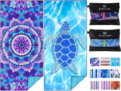 Microfiber Beach Towel with Bag Oversized 71x32 Sand Free 2 Pack | Thin Lightweight Extra Large Towels for Adults