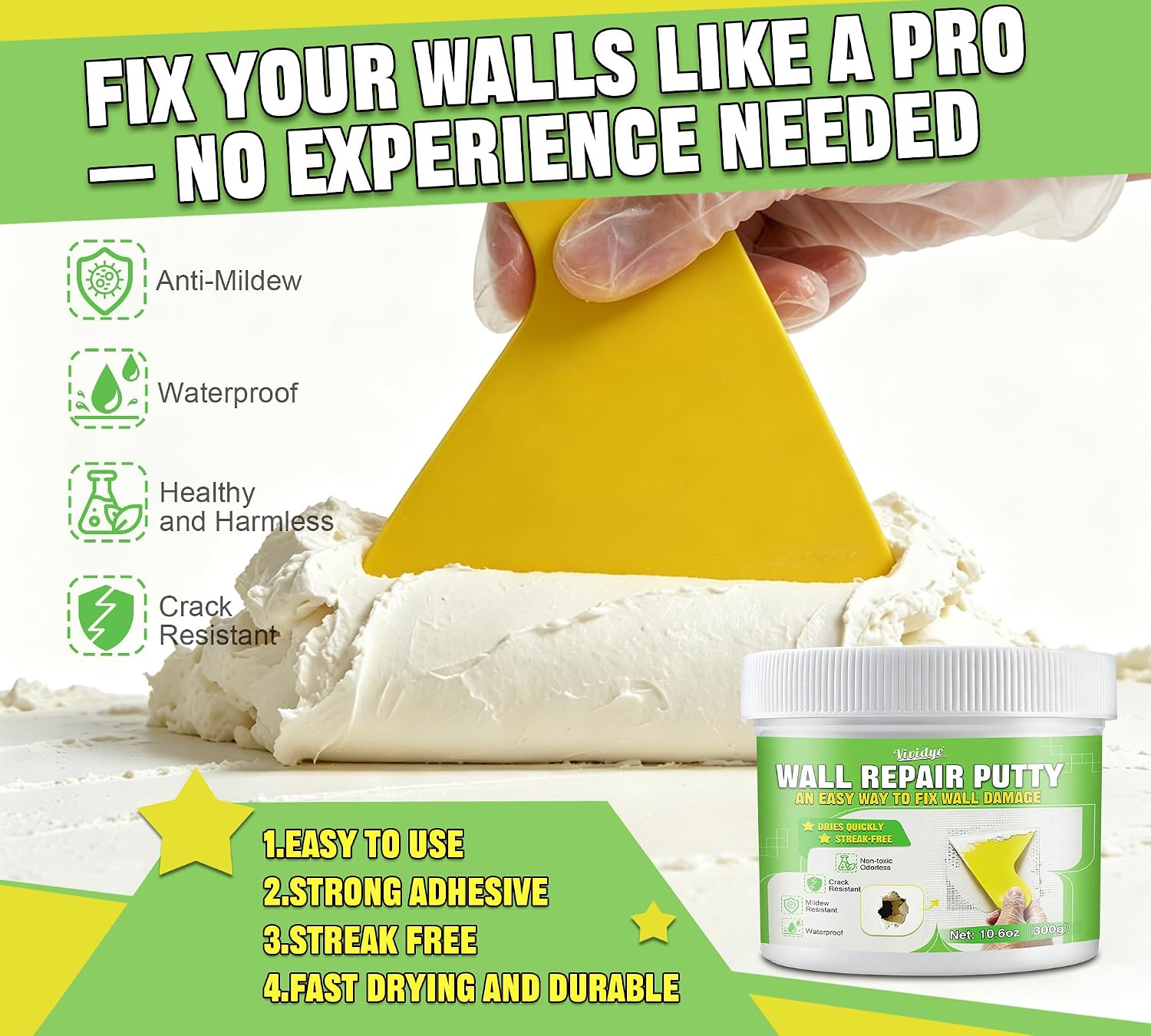 Drywall Repair Kit, Spackle Paste with Patches & Tools for Wall Hole Fix | 10.6oz Wall mending agent for drywall