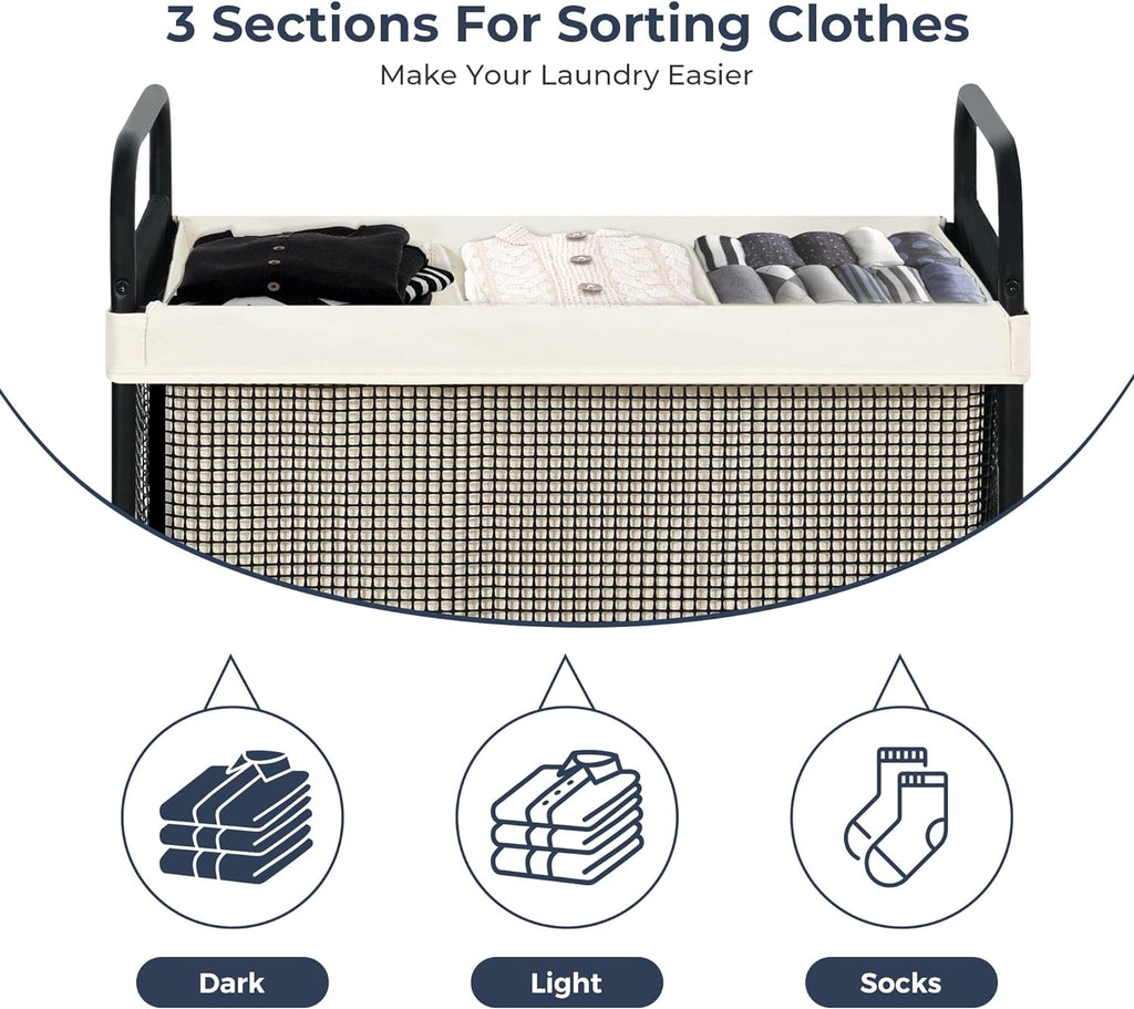 Laundry Hamper 3 Section, 120L Rolling Laundry Sorter Cart with Removable and Washable Liner Bag, Clothes Hamper with