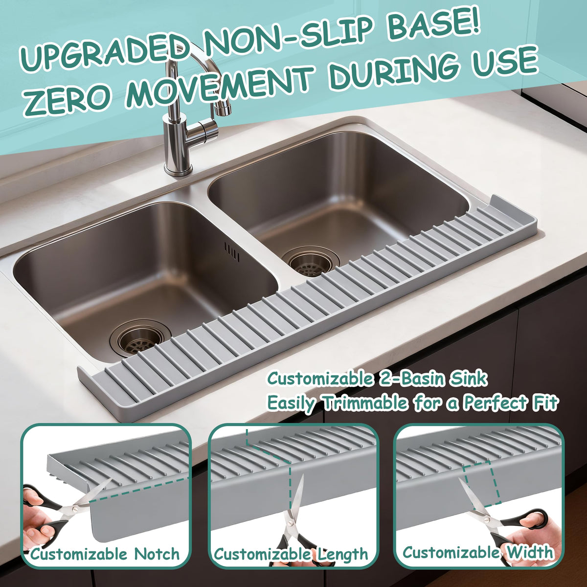 Silicone Sink Edge Protector Splash Guard, 30x4 Inch with Suction Cups & 5°Tilt, Cuttable for Kitchen Bathroom