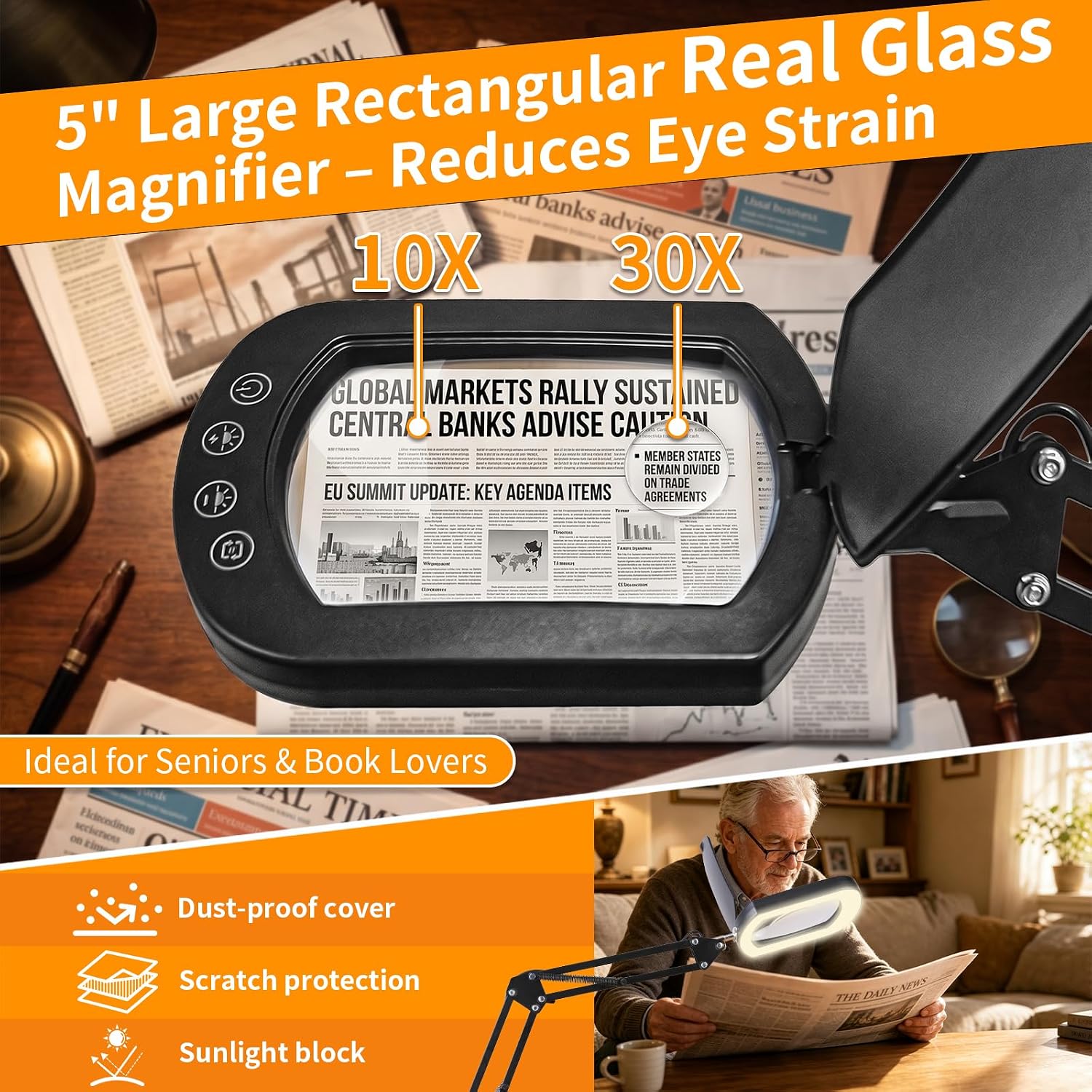 10X 30X Square Magnifying Glass with Light and Stand for Reading, Crafts | LED Magnifier Lamp with Clamp, Real Glass