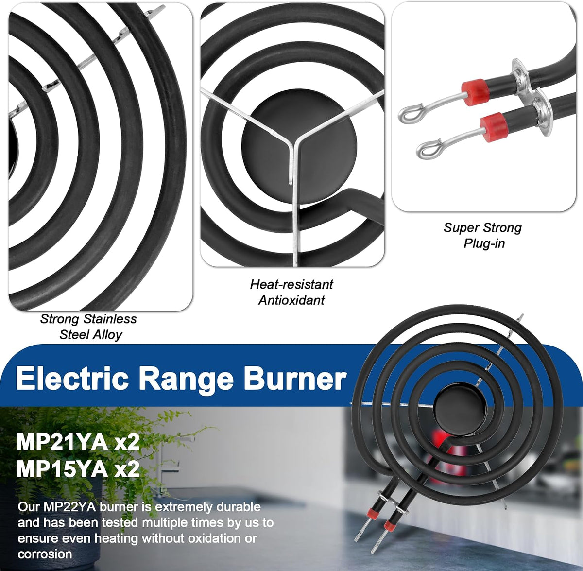 W10290350 W10290353 Black Porcelain Drip Pans and MP22YA Electric Stove Burner Element Set Replacement for Amana Whirlpool Electric Stove, Replace W10288051 Drip Pans by Fetechmate