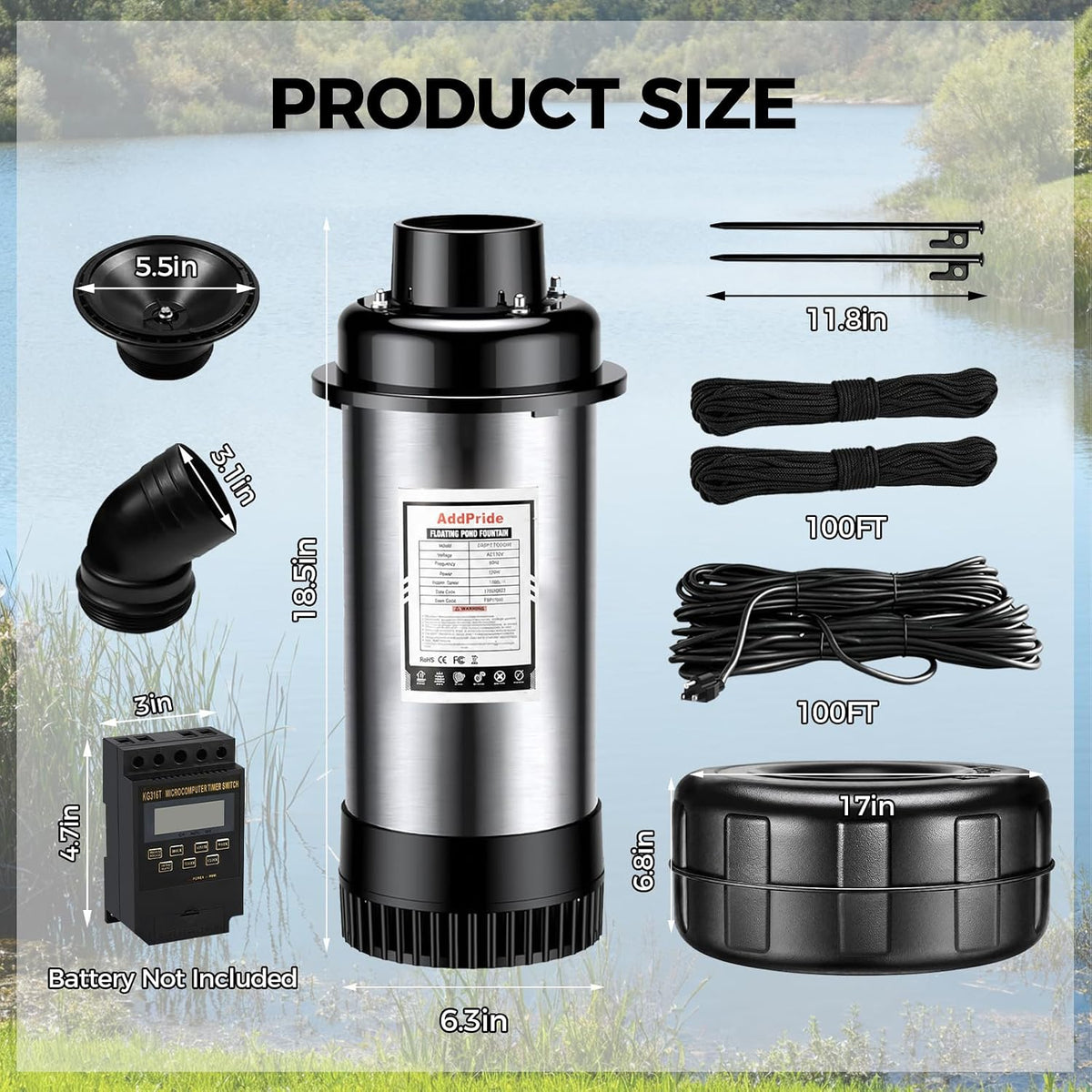 Pond Fountain Aerator, 1HP 110V 15000 GPH Stainless Steel