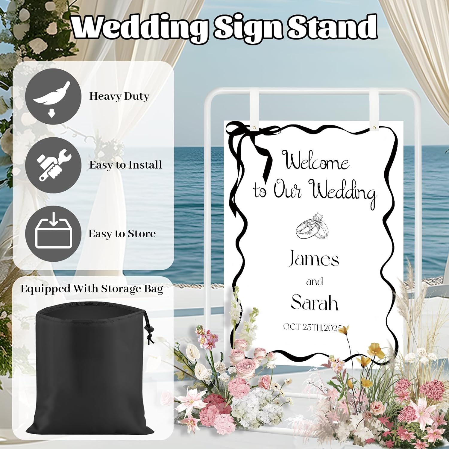 Adjustable Wedding Welcome Sign Stand with 2 Pair Hanging Straps, Welcome to Our Wedding Sign Holder Stand for
