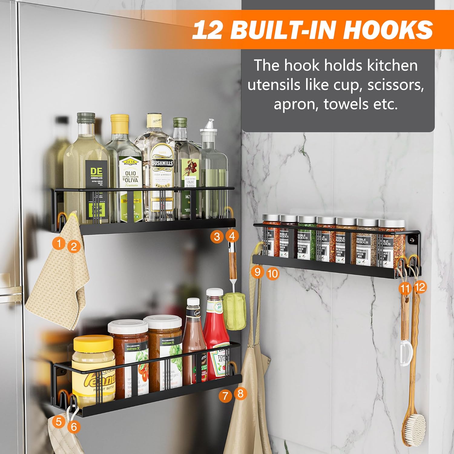 Spice Rack Wall Mounted 2 Pack,RV Spice Rack,Black | 8 Built-in Hooks,2 Versatile Sizes, Space-Saving,Flat Base