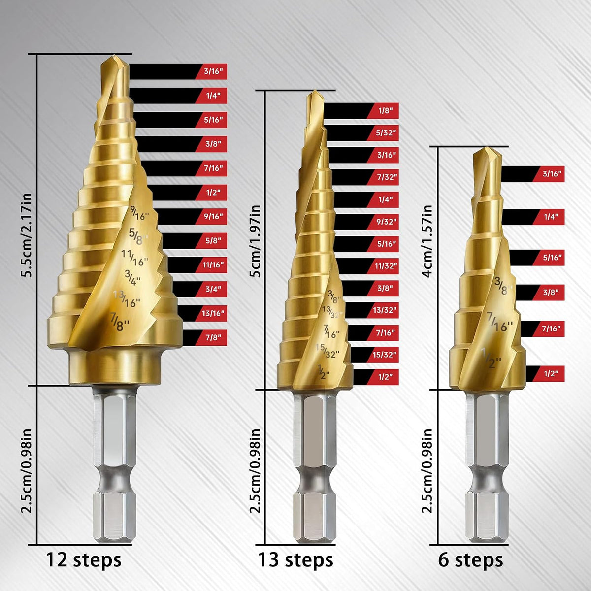 3Pcs 1/4" Hex Shank HSS Step Drill Bit Set