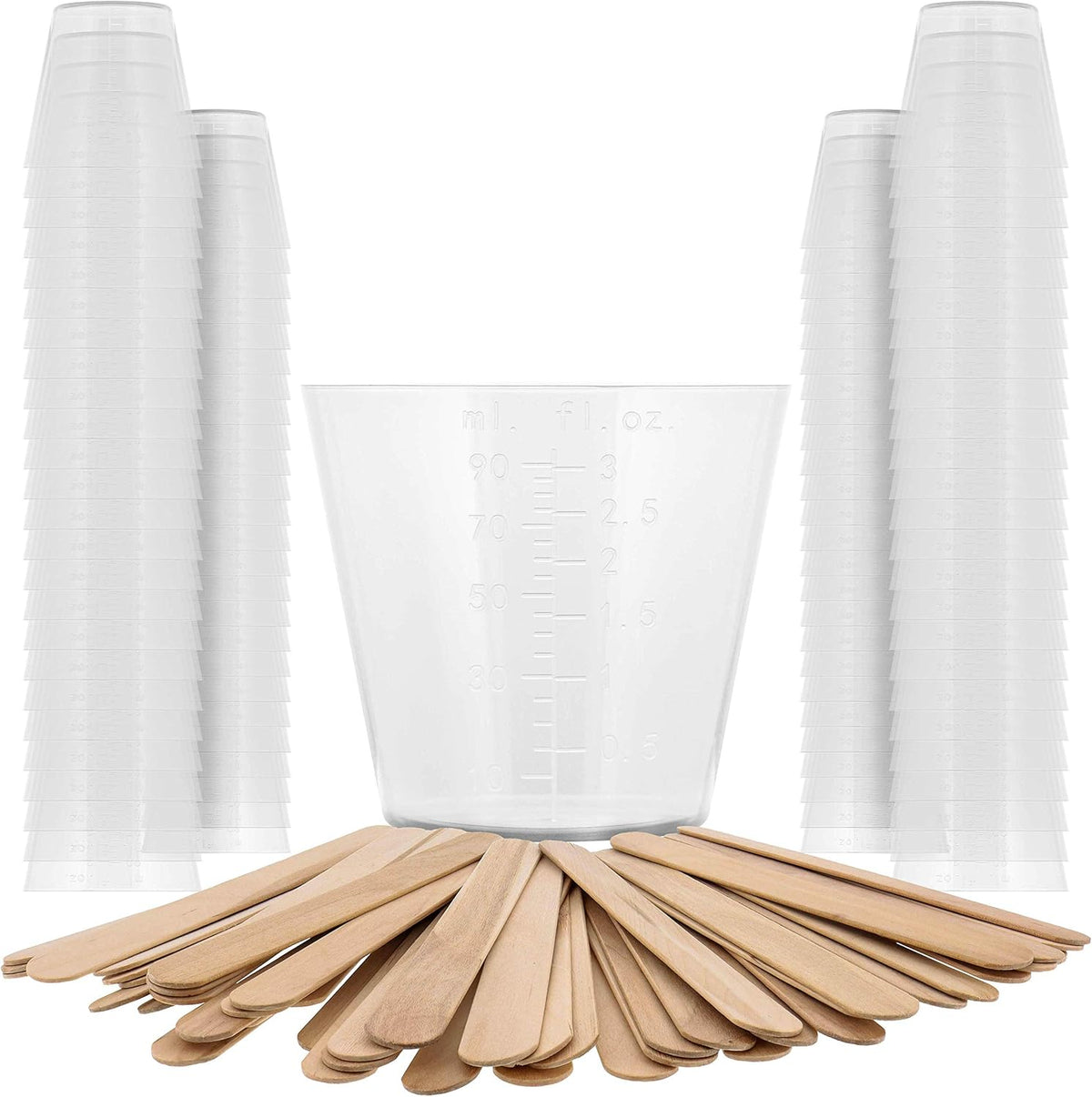 3 Oz (90 ml) Liquid Measuring Cups, 100 Pack with 25 Sticks