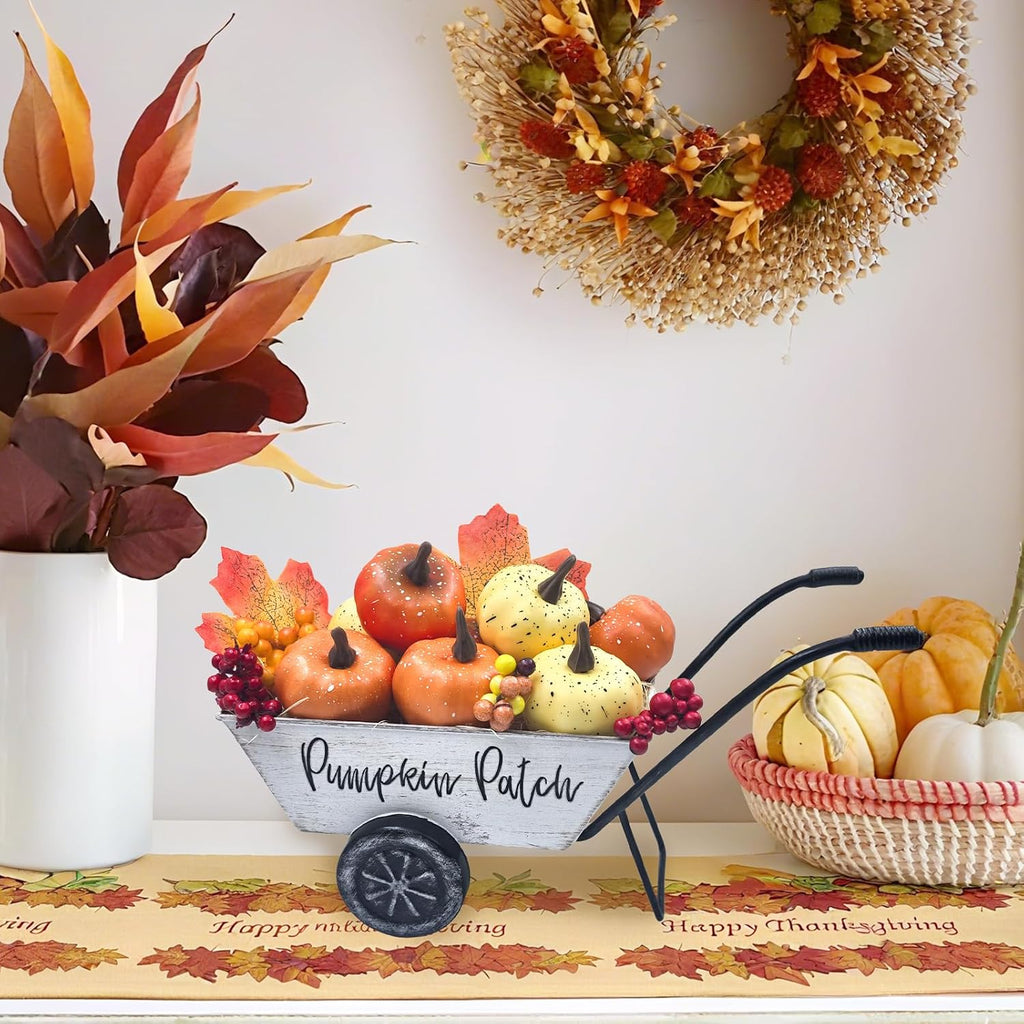 Fall Thanksgiving Centerpieces for Tables Metal Wheelbarrow White | Include Pumpkins Berries Fall Leaves