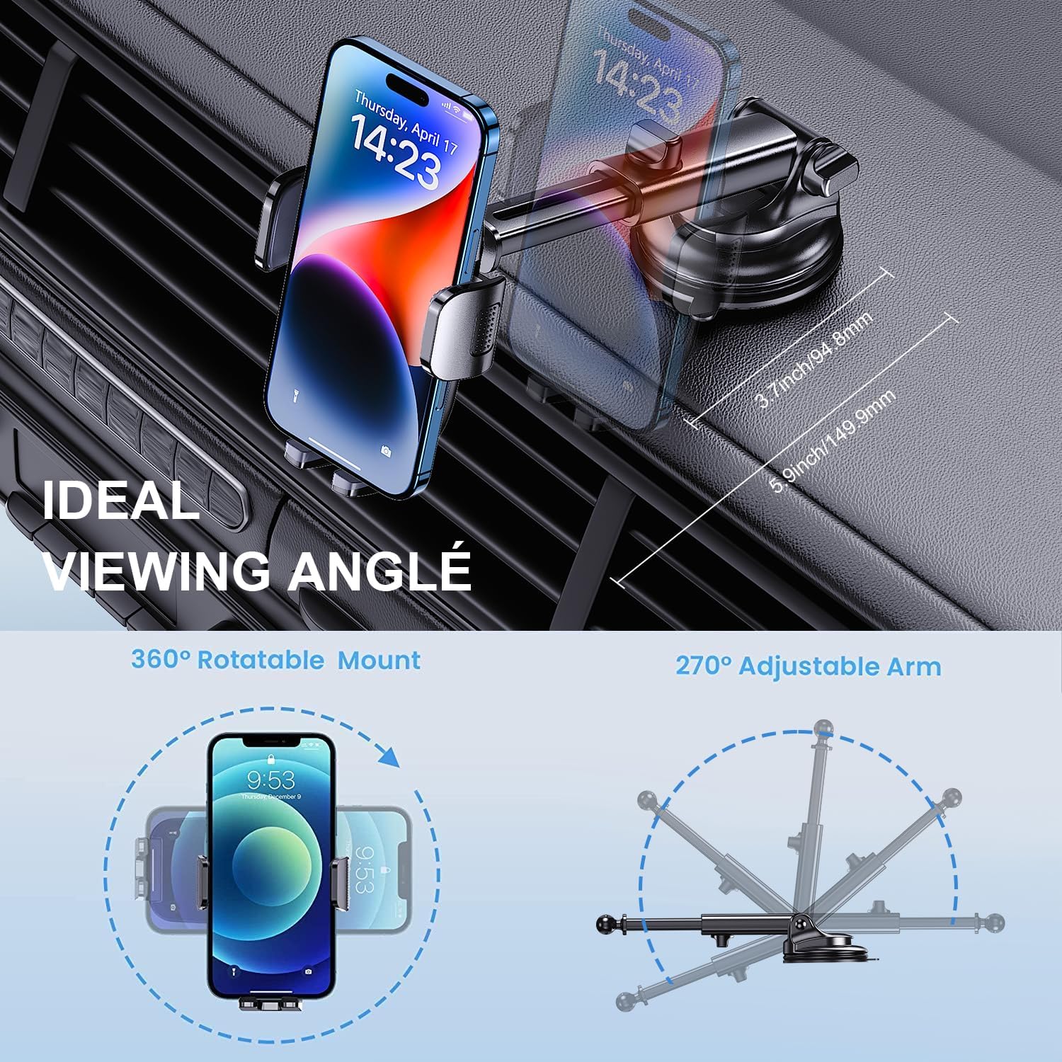 Phone Mount for Car Phone Holder [Military-Grade Suction & Stable Clip] Car Phone Holder Mount Windshield Dashboard