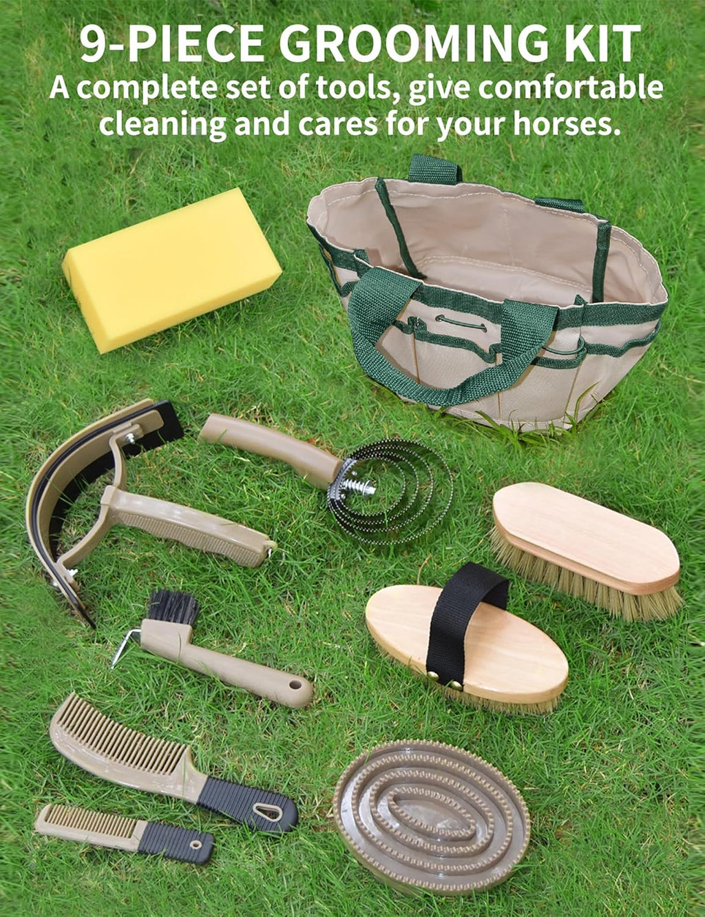 Professional 10 Pieces Horse Grooming Kit with Tote Bag, Horse Brush & Curry Comb Set for Effective Grooming and