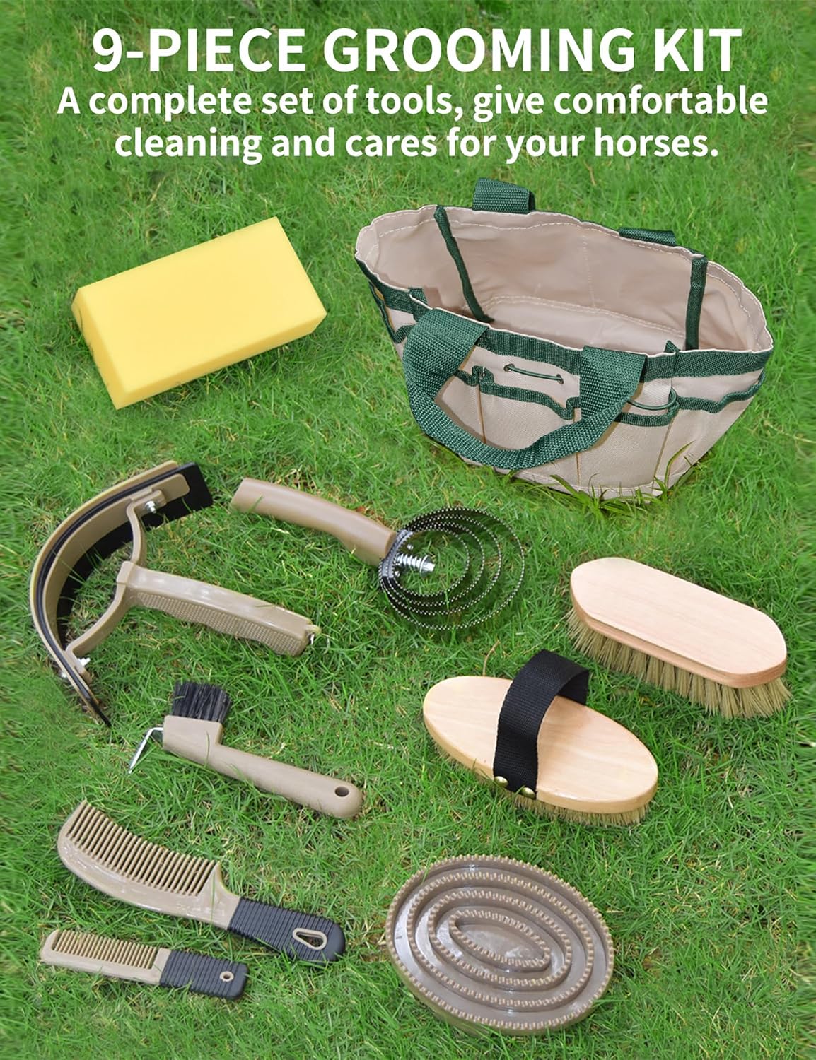 Professional 10 Pieces Horse Grooming Kit with Tote Bag, Horse Brush & Curry Comb Set for Effective Grooming and